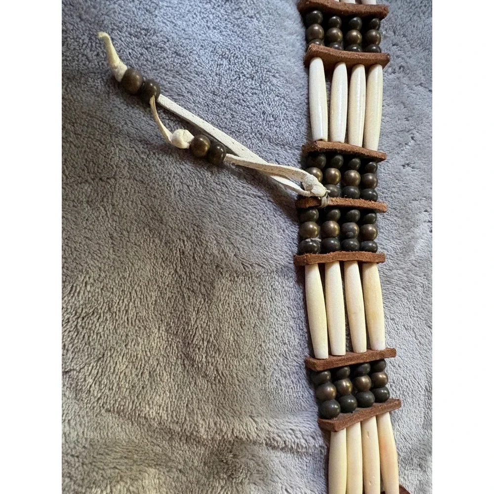 Vintage Style Bone Hairpipe Choker Necklace Leather Tie Wood Bead Tribal Boho
